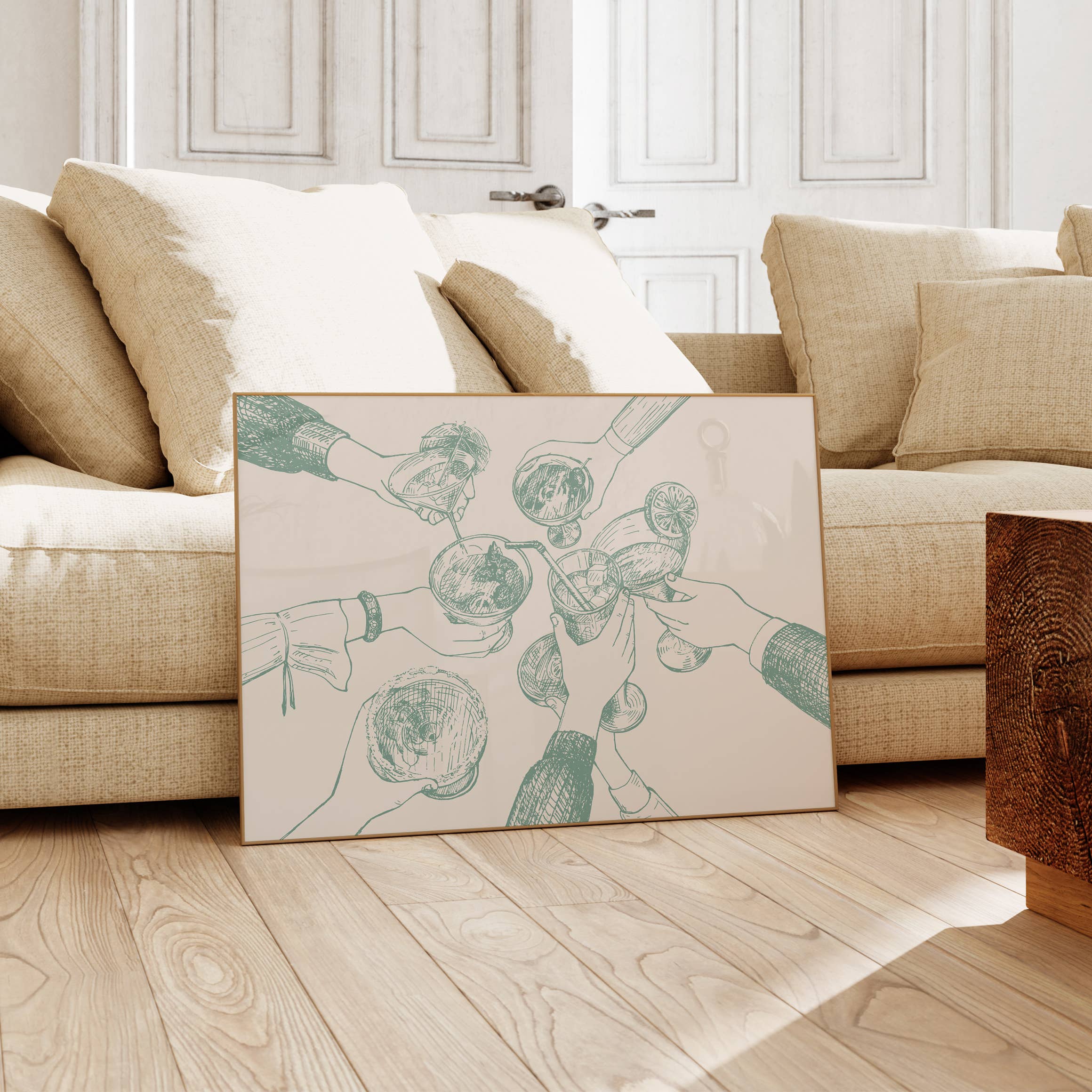 BAR CART WALL ART PRINT | CHEERS HANDS MINT GREEN