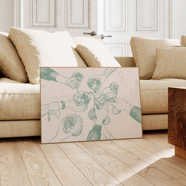 BAR CART WALL ART PRINT | CHEERS HANDS MINT GREEN