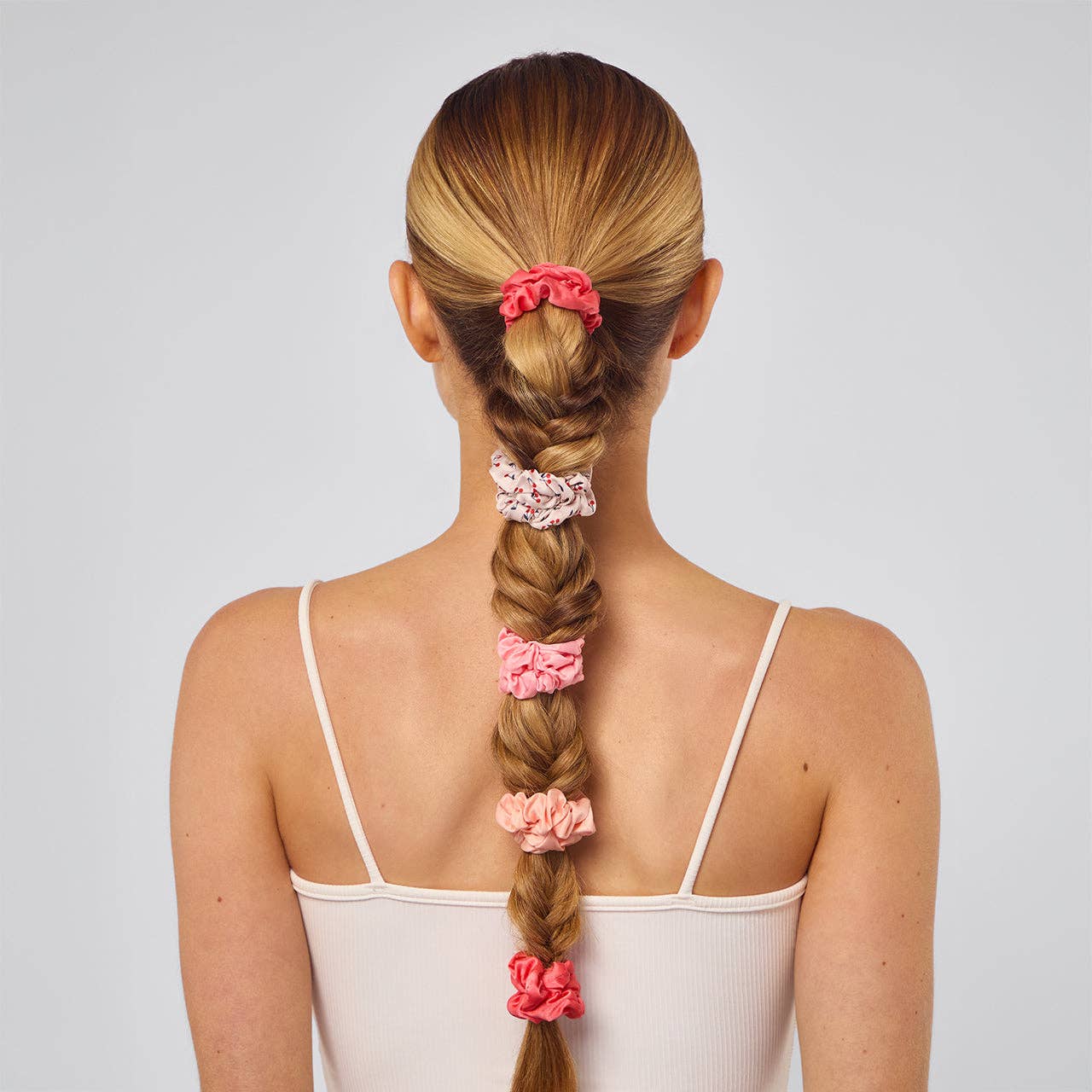 RUCHED SATIN SCRUNCHIES 5PC SET - ASSORTED CHERRY BLOSSOM