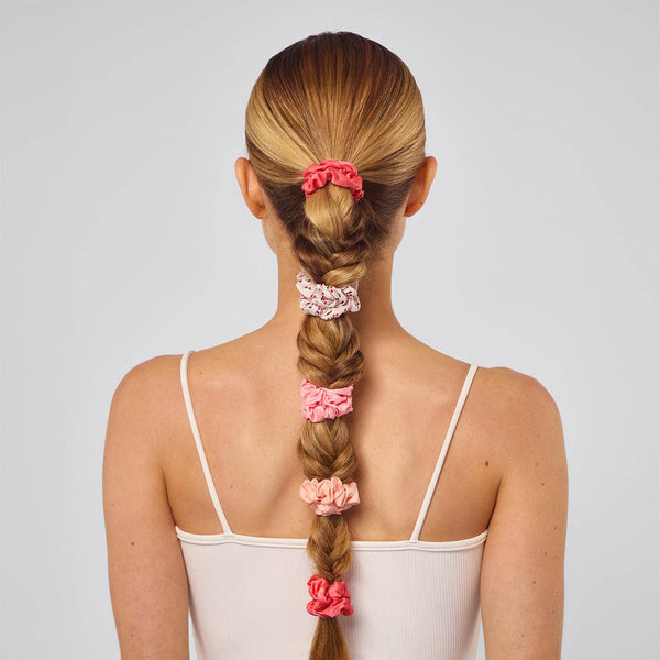 RUCHED SATIN SCRUNCHIES 5PC SET - ASSORTED CHERRY BLOSSOM