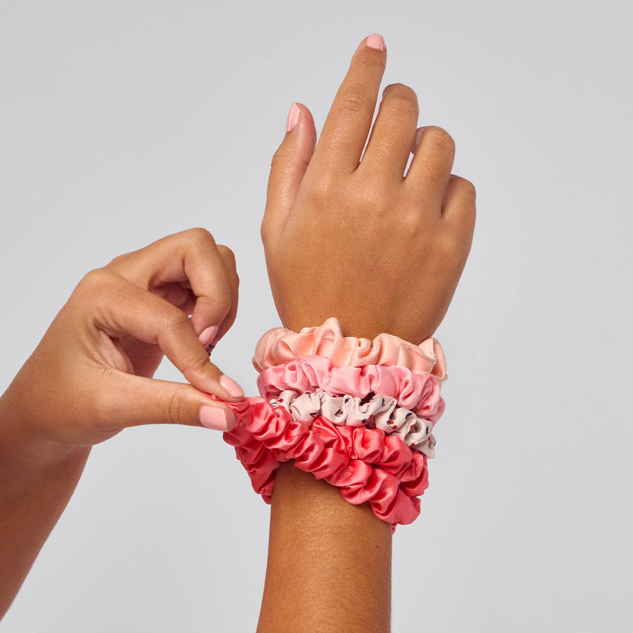 RUCHED SATIN SCRUNCHIES 5PC SET - ASSORTED CHERRY BLOSSOM