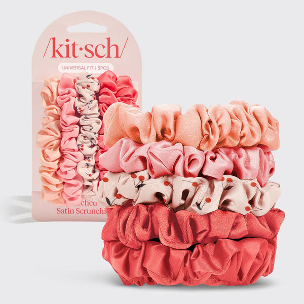 RUCHED SATIN SCRUNCHIES 5PC SET - ASSORTED CHERRY BLOSSOM