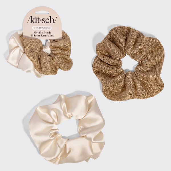 METALLIC MESH AND RECYCLED FABRIC SATIN SCRUNCHIES 2PC SET - CREAM & GOLD