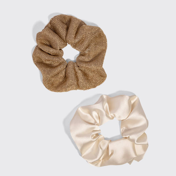 METALLIC MESH AND RECYCLED FABRIC SATIN SCRUNCHIES 2PC SET - CREAM & GOLD