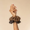 METALLIC MESH AND RECYCLED FABRIC SATIN SCRUNCHIES 2PC SET - BLACK & CHOCOLATE