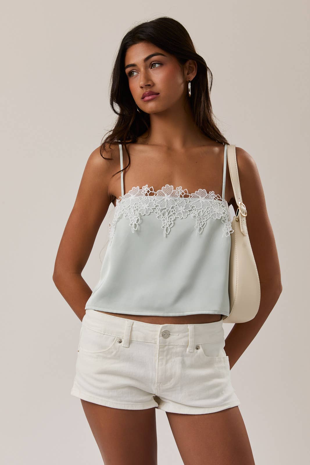 MINT LACE TRIM SATIN TOP