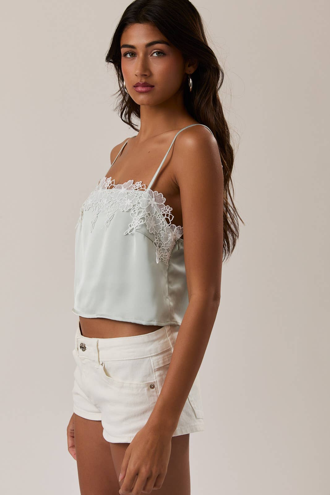 MINT LACE TRIM SATIN TOP