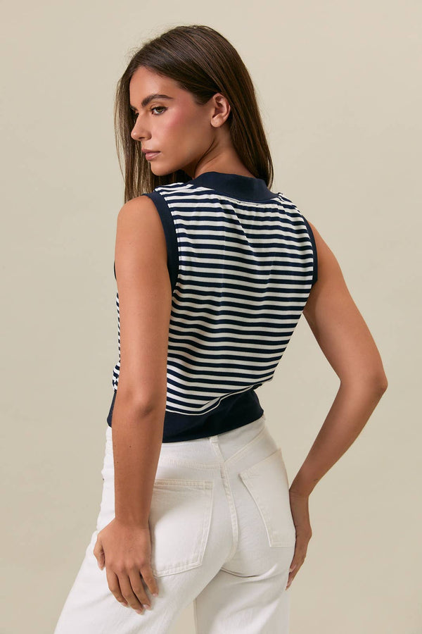 V-NECK STRIPE TOP, NAVY/WHITE