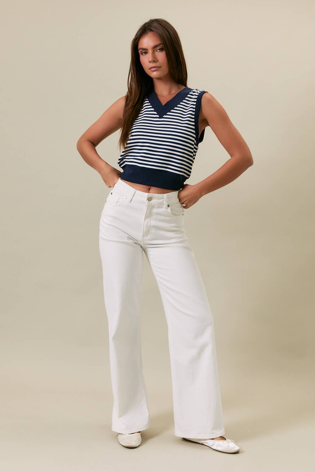V-NECK STRIPE TOP, NAVY/WHITE