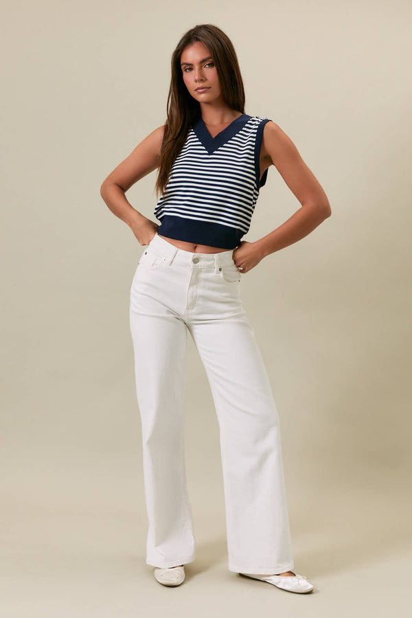 V-NECK STRIPE TOP, NAVY/WHITE
