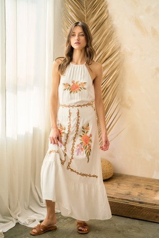 FLORAL EMBROIDERY HALTER OPEN-BACK DRESS