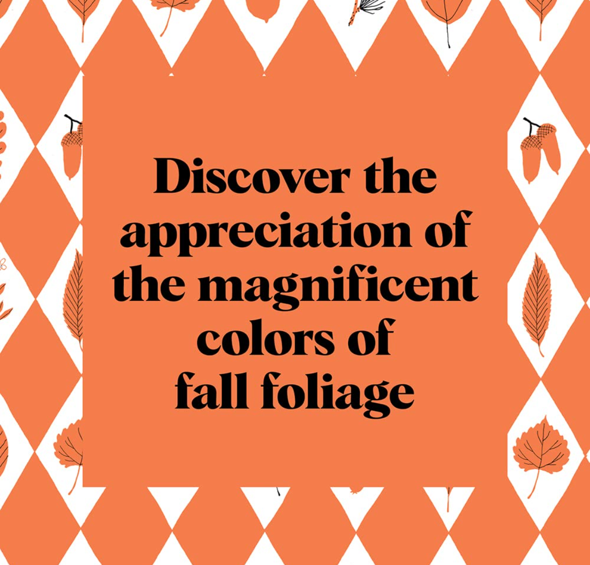 Text on a brown background with leaf patterns, promoting the appreciation of fall foliage.