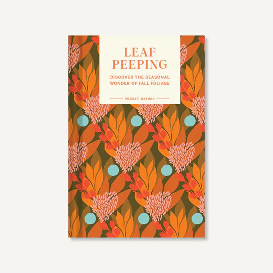 Book cover with autumn leaf pattern and 'Leaf Peeping' text on a white background