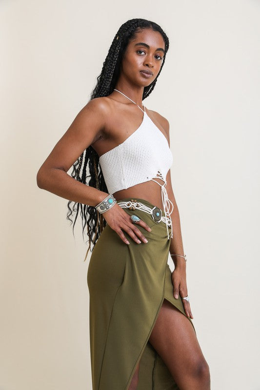 LACE-UP HALTER KNIT BRALETTE