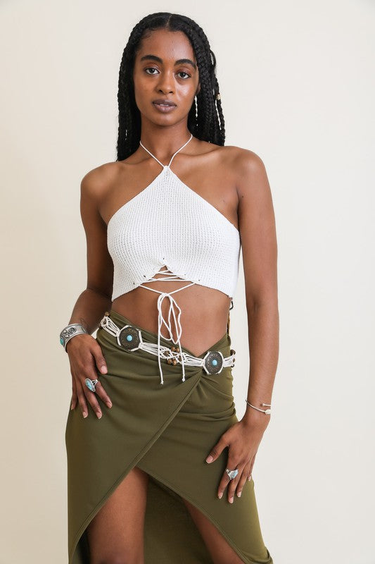 LACE-UP HALTER KNIT BRALETTE