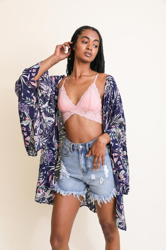 TROPICAL LEAVES DRAPED SLEEVE KIMONO