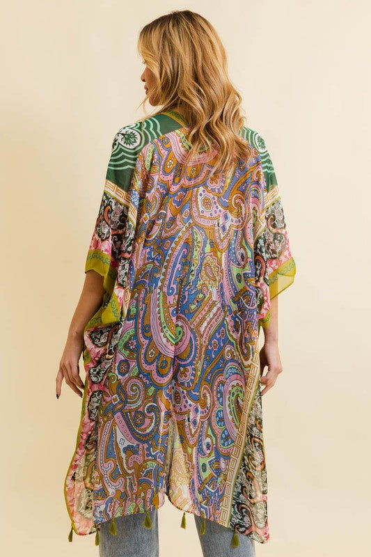 PAISLEY PRINT OPEN FRONT KIMONO W/ CINCHED ARMS