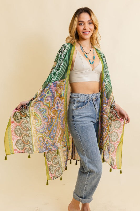 PAISLEY PRINT OPEN FRONT KIMONO W/ CINCHED ARMS