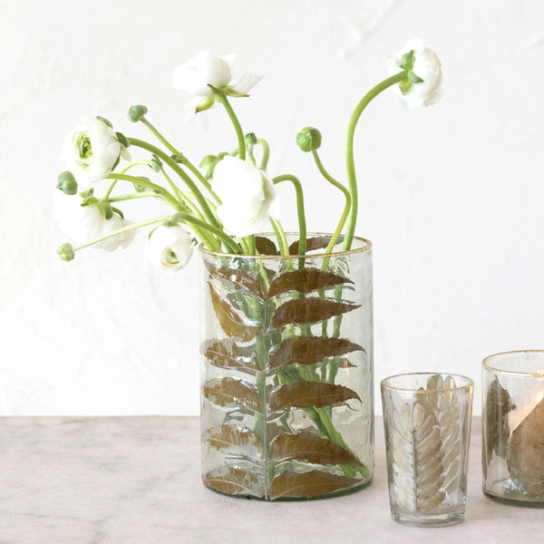 HAND-BLOWN GLASS VOTIVE HOLDER W/ EMBEDDED TAMARIND LEAVES & GOLD FOIL EDGE