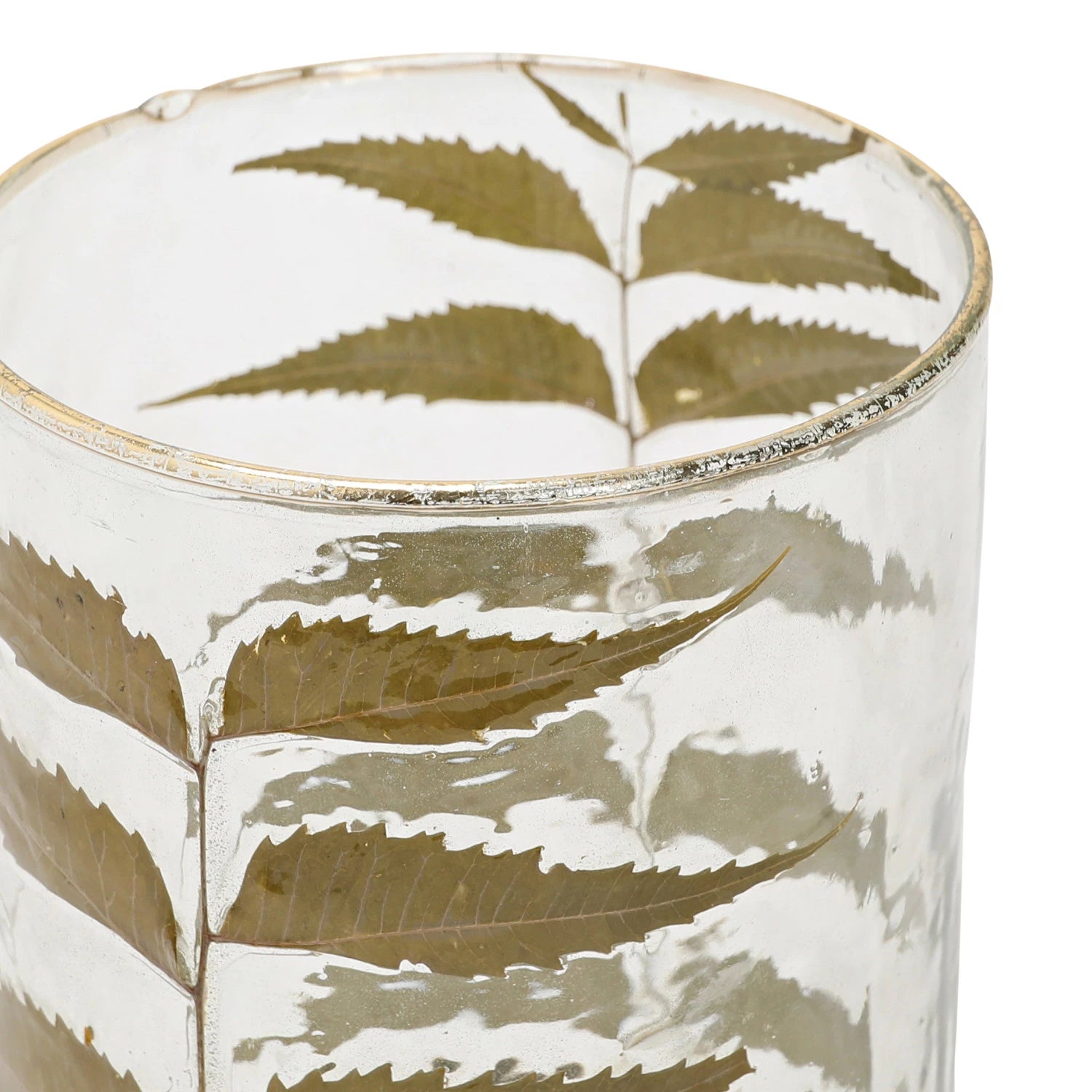 HAND-BLOWN GLASS HURRICANE W/ EMBEDDED NEEM LEAVES & GOLD FOIL EDGE