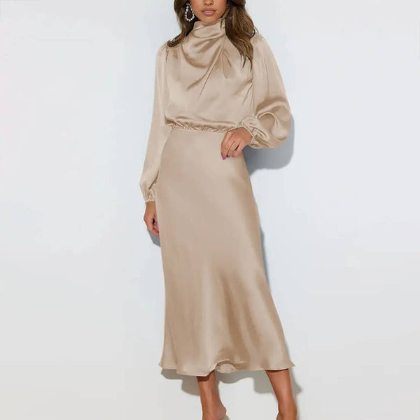 SATIN LONG SLEEVED LOOSE MAXI DRESS Apricot / Large SATIN LONG SLEEVED LOOSE MAXI DRESS Apricot / Large