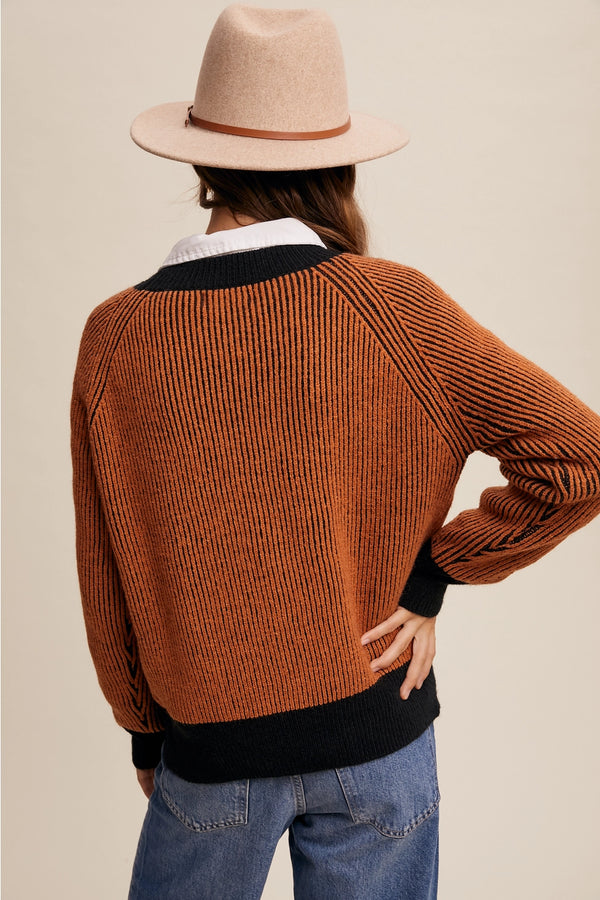 COLORBLOCK RIBBED KNIT CREW NECK SWEATER