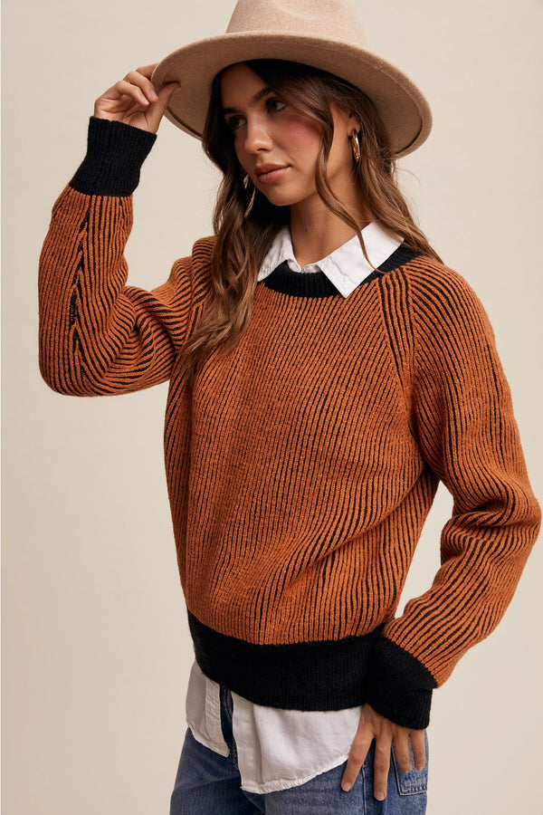 COLORBLOCK RIBBED KNIT CREW NECK SWEATER