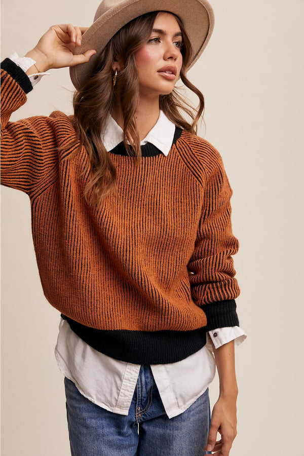 COLORBLOCK RIBBED KNIT CREW NECK SWEATER