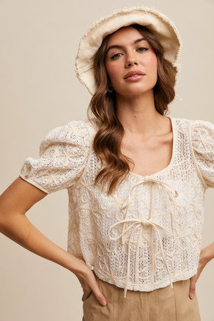 EMBROIDERY CROCHET LACE PUFF SLEEVE BLOUSE, ECRU