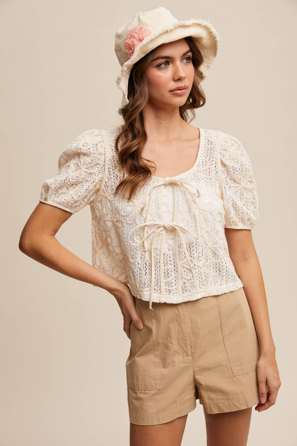 EMBROIDERY CROCHET LACE PUFF SLEEVE BLOUSE, ECRU