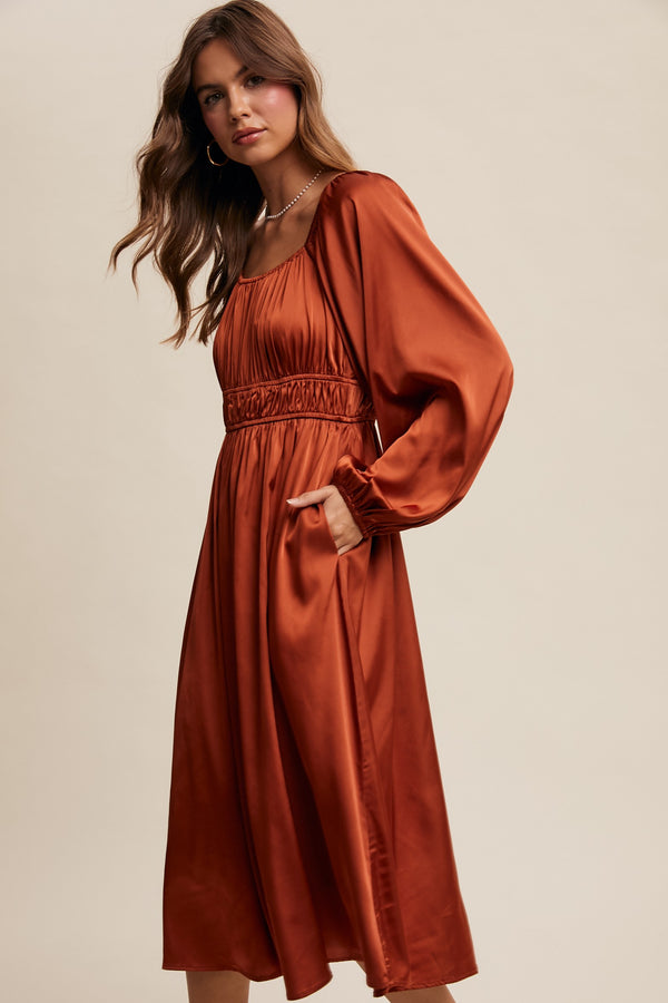 EMPIRE WAIST LONG SLEEVE SATIN MIDI DRESS