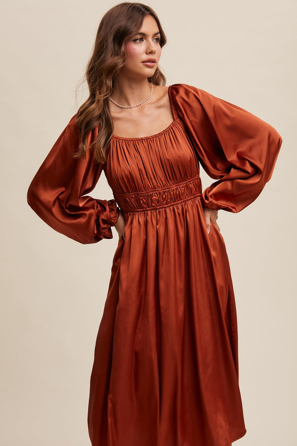 EMPIRE WAIST LONG SLEEVE SATIN MIDI DRESS