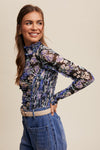 SMOCKED/RUCHED DETAIL FLORAL PRINT MESH TOP