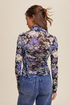 SMOCKED/RUCHED DETAIL FLORAL PRINT MESH TOP