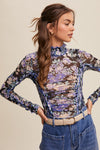 SMOCKED/RUCHED DETAIL FLORAL PRINT MESH TOP