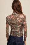 SMOCKED/RUCHED DETAIL FLORAL PRINT MESH TOP