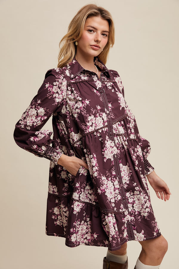 FLORAL TIERED SHIRT DRESS