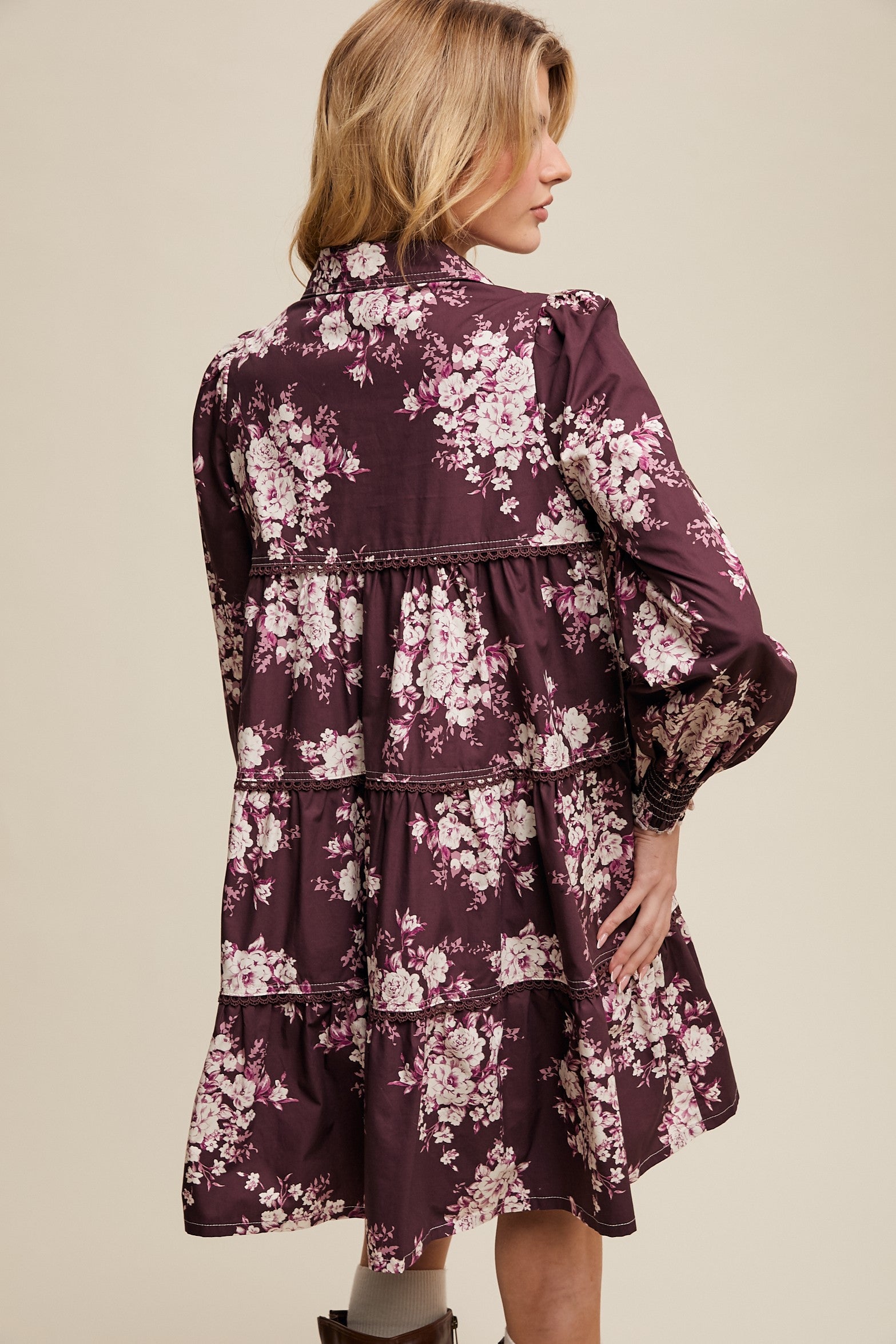 FLORAL TIERED SHIRT DRESS