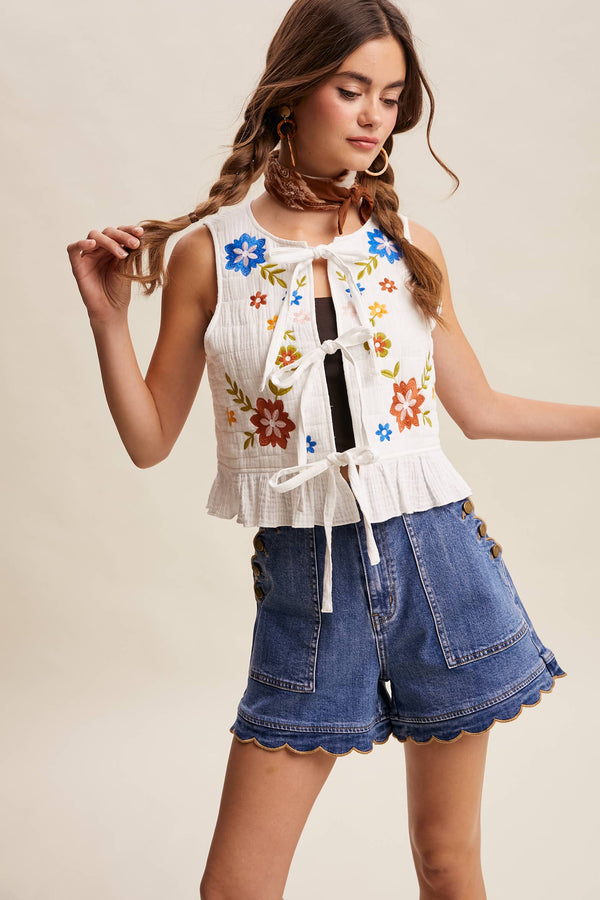 EMBROIDERED TIE-FRONT QUILTED VEST