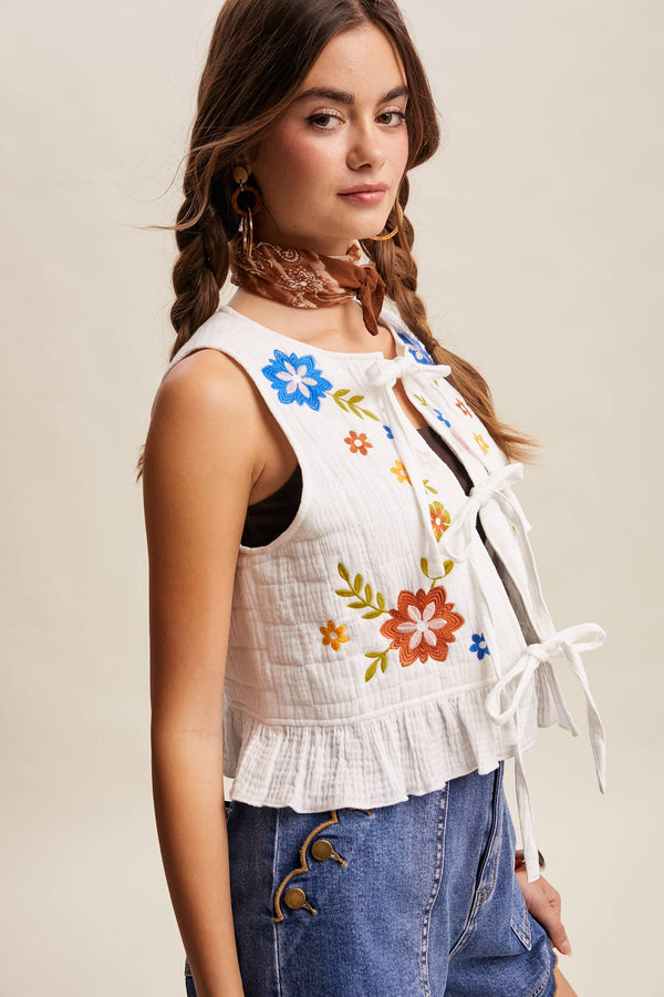 EMBROIDERED TIE-FRONT QUILTED VEST