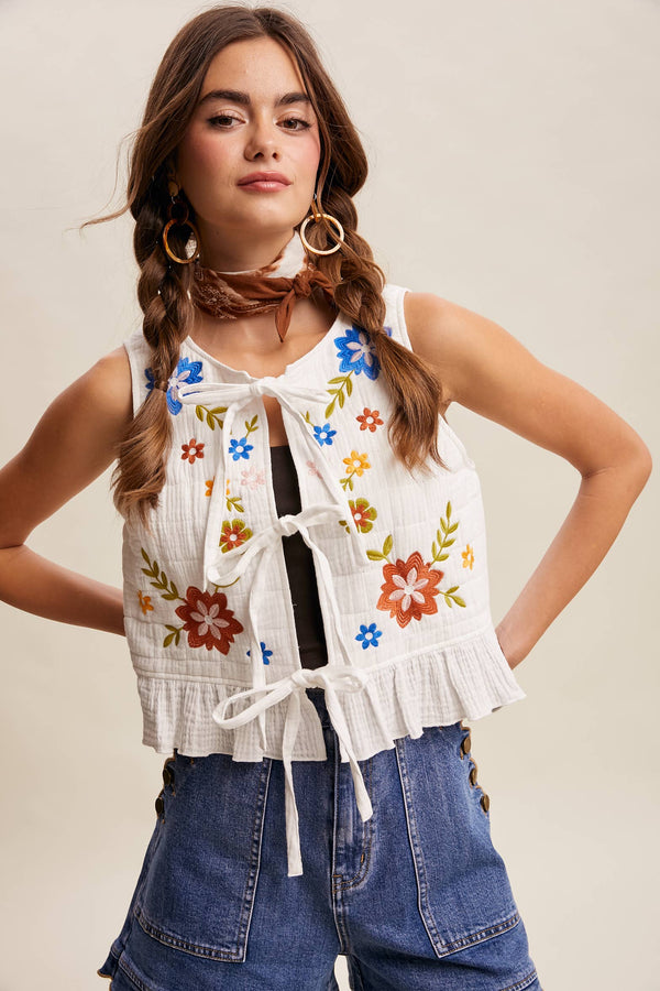 EMBROIDERED TIE-FRONT QUILTED VEST
