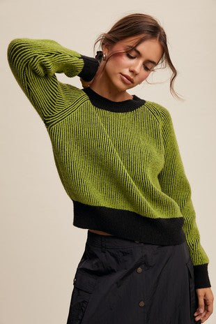COLORBLOCK RIBBED KNIT CREW NECK SWEATER