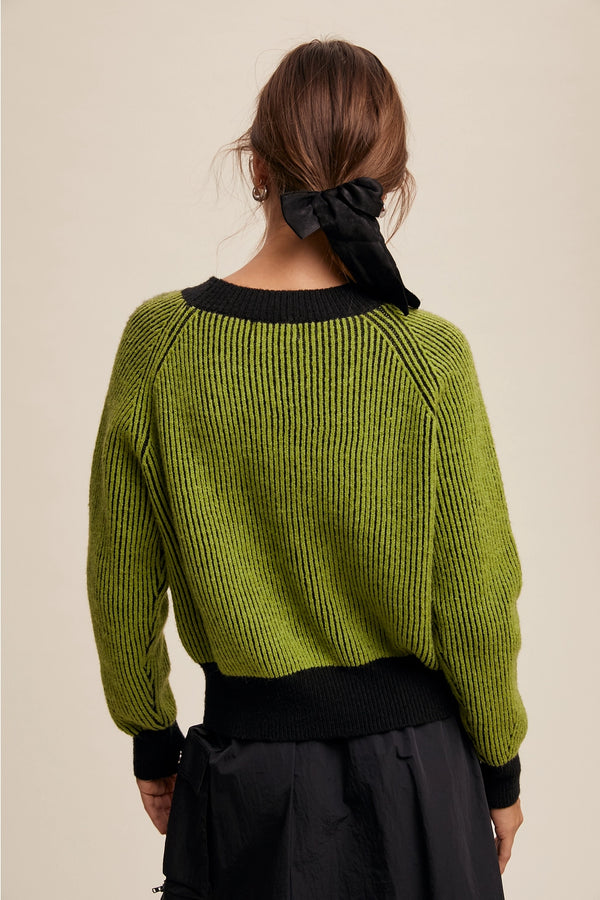 COLORBLOCK RIBBED KNIT CREW NECK SWEATER