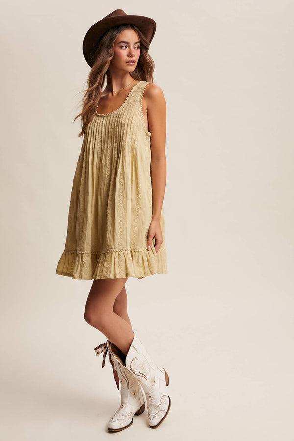 TEXTURED PINTUCK MINI DRESS, LIGHT OLIVE