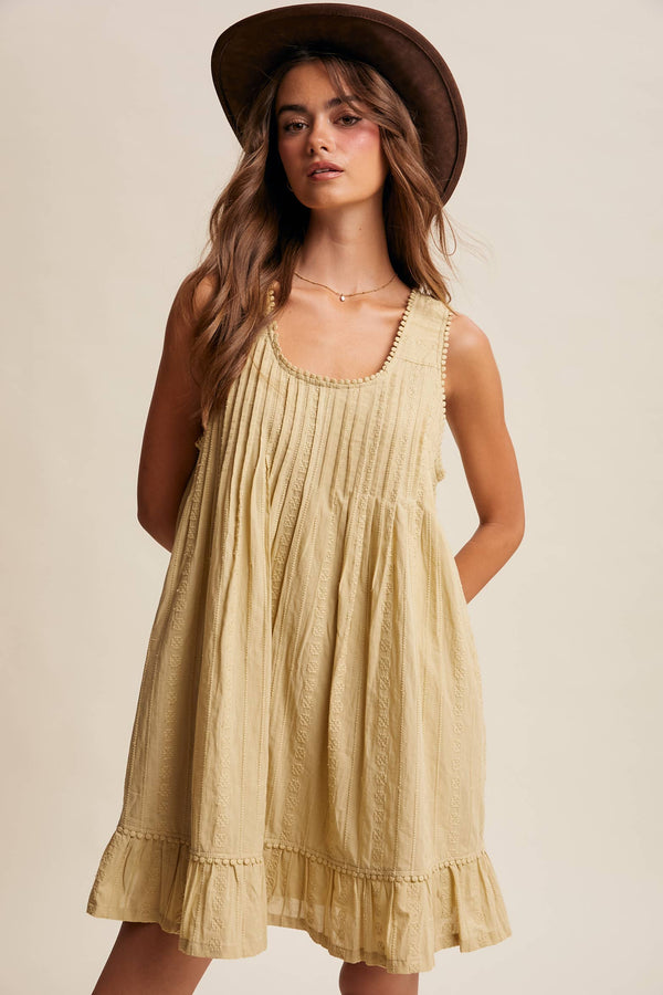 TEXTURED PINTUCK MINI DRESS, LIGHT OLIVE