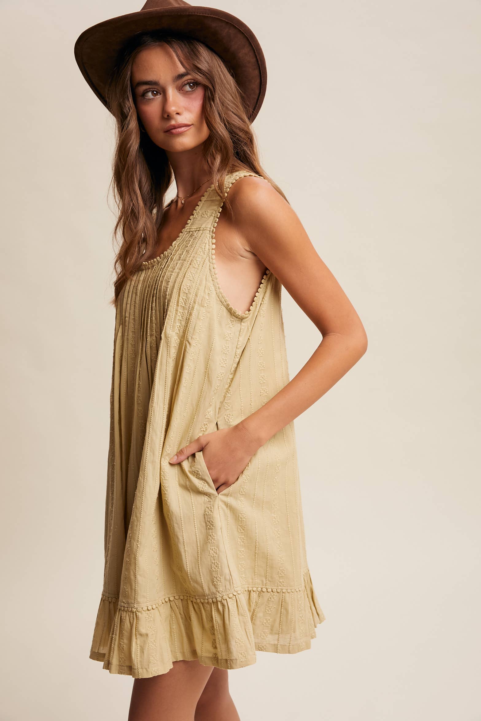 TEXTURED PINTUCK MINI DRESS, LIGHT OLIVE