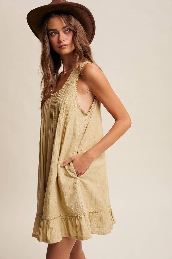 TEXTURED PINTUCK MINI DRESS, LIGHT OLIVE