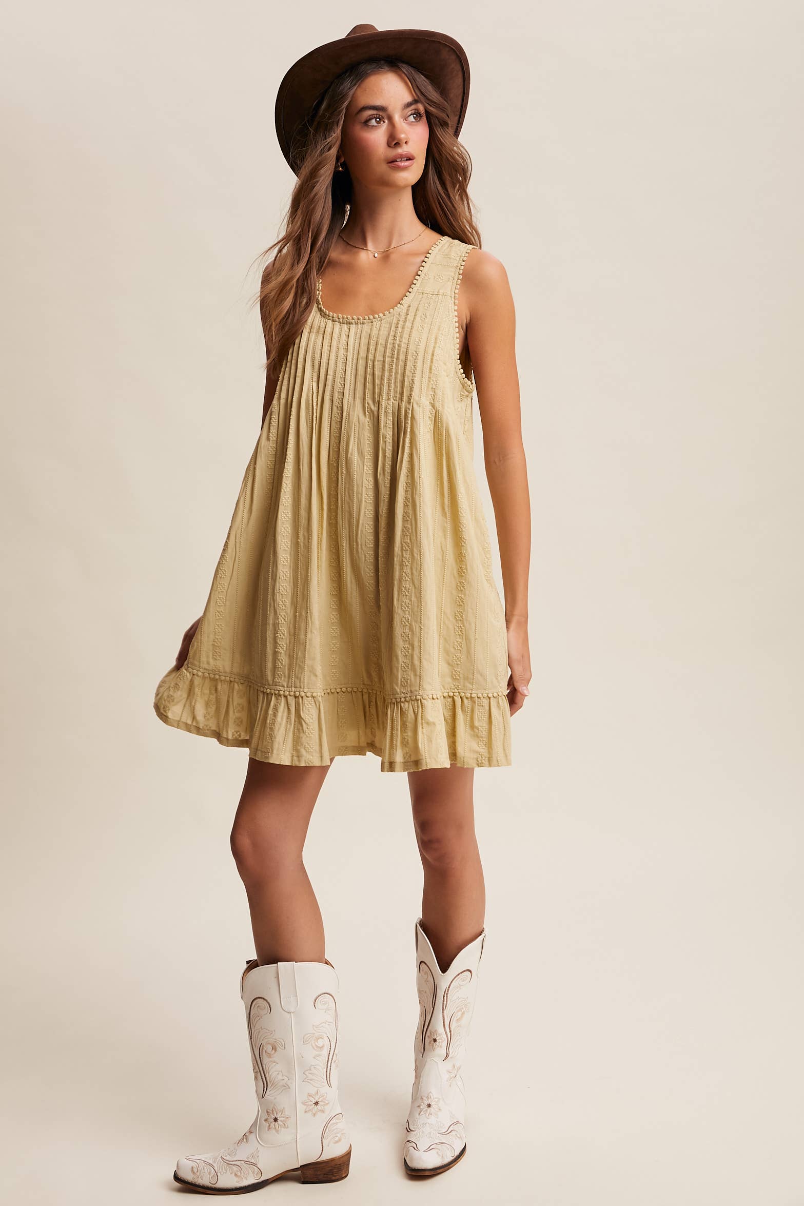 TEXTURED PINTUCK MINI DRESS, LIGHT OLIVE