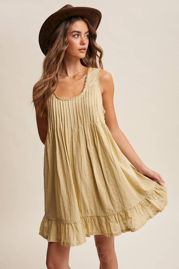 TEXTURED PINTUCK MINI DRESS, LIGHT OLIVE