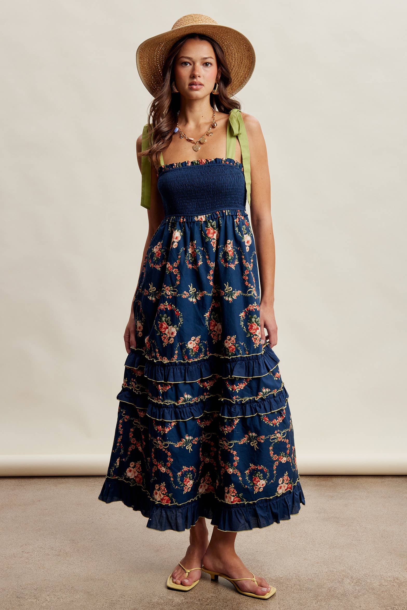 FLORAL SMOCKED TIERED MAXI DRESS